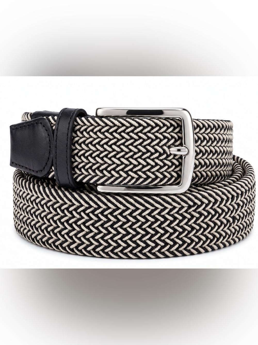 Tommy Bahama Men's Woven Braided Webbed Two-Tone Nautical Belt Black Leather